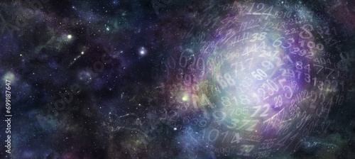 Fototapeta Naklejka Na Ścianę i Meble -  Swirling Random Cosmic Numbers  Numerology Deep Space Template - wide dark blue night sky background with a large circle of rotating random numbers and copy space on left side for message
