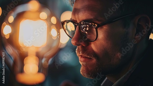 The image shows a close-up profile of a man looking to the side. He has stubble on his chin and is wearing large, stylish eyeglasses which reflect the warm glowing light of a nearby bulb. The lighting photo
