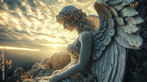 The image depicts a statue of an angel, with a serene and contemplative expression, sitting against a backdrop of a dramatic sky at sunset or sunrise. The lighting of the scene highlights the intricat photo