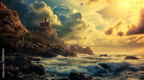 A lighthouse sitting on a cliff overlooking a rough sea with birds flying and a sunset in the background.