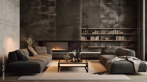 Minimalistic Scandinavian living room interior design with blankets on a gray sofa and vase with flowers placed on a wooden table. Fireplace warming the space, shelves full of books,textured grey wall