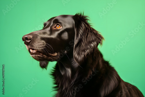 Close up studio photography of a black flat coated retriever dog breed, green wall background