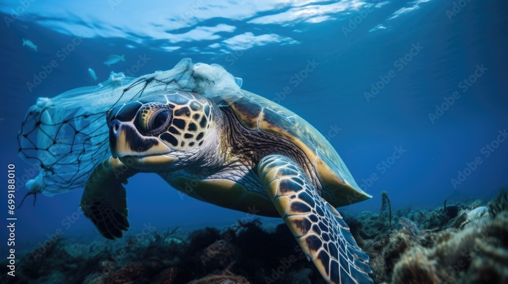 Obraz premium sea turtle entangled in discarded fishing nets, representing ocean pollution generative ai