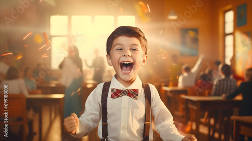 Young and cute boy student, little male child wearing a white shirt with a bow, screaming from happiness in a classroom. Last day of school concept, summer holiday, finished education photo
