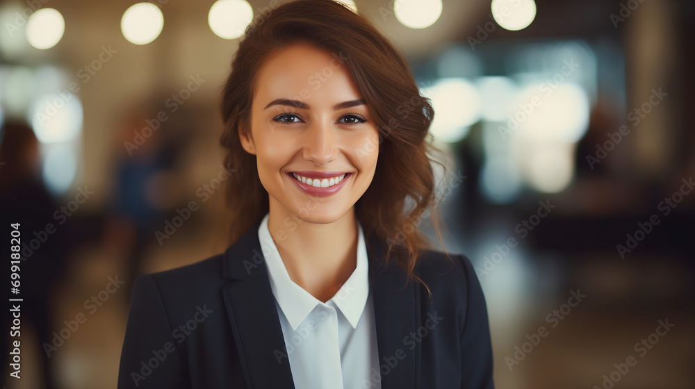 Portrait photography of a young and beautiful smiling businesswoman looking at the camera, wearing an elegant indigo blue suit with white shirt. Female corporation employee, happy businessperson Portrait photography of a young and beautiful smiling businesswoman looking at the camera, wearing an elegant indigo blue suit with white shirt. Female corporation employee, happy businessperson