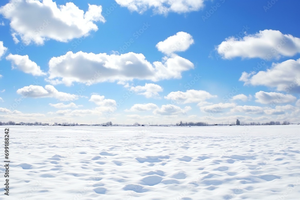 Beautiful winter landscape with snow-covered field and blue sky with clouds