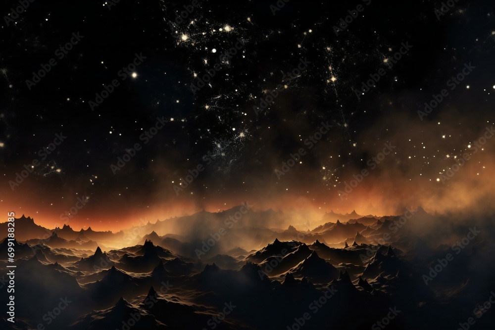 Fantasy landscape with mountains, nebula and stars