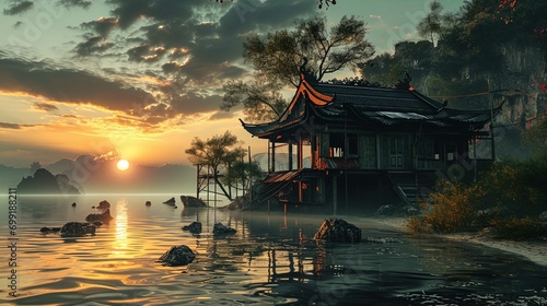 A serene sunset scene with a traditional Asian pavilion by a lake, surrounded by nature and a mountainous backdrop.