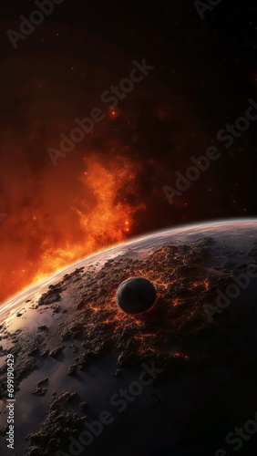 red planet in the space on fire