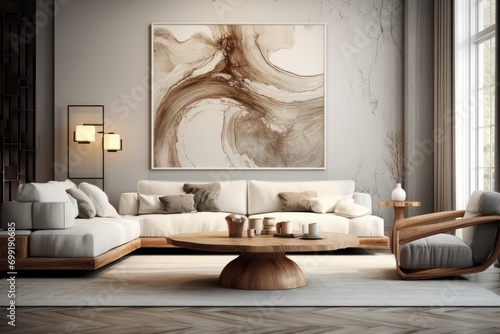 A Cozy Living Room with Stylish Furniture and a Beautiful Wall Painting