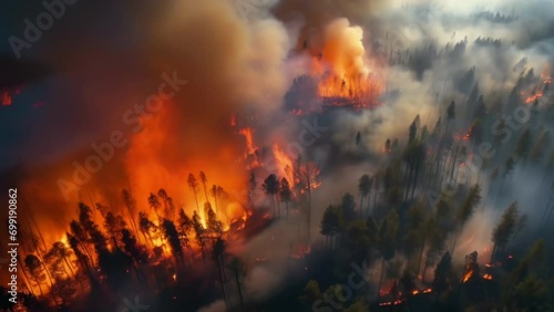 Forest fire from a bird's eye view. Terrifying natural disaster concept. High quality 4k footage photo