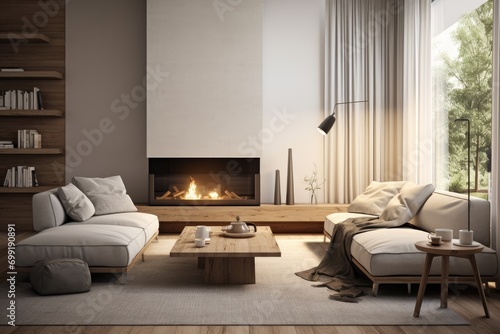 A Cozy Living Room with Stylish Furniture and a Warm Fireplace