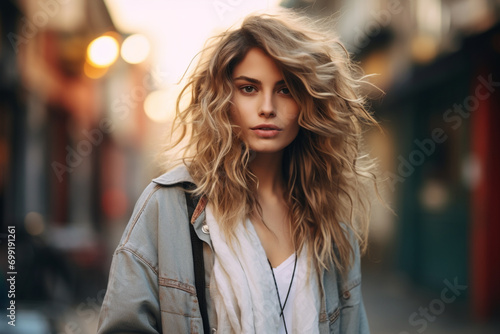 Fashion, leisure, make-up, hairstyle and lifestyle concept. Beautiful young woman outdoors urban street portrait. Gorgeous model looking at camera