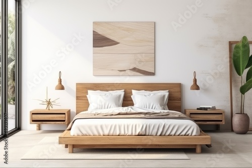 A Cozy Bedroom with a Bed, Nightstands, and a Beautiful Wall Painting