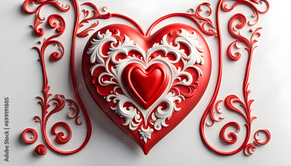 Engraved decorated pattern of ornamental red white love heart frame with floral border Engraved decorated pattern of ornamental red white love heart frame with floral border