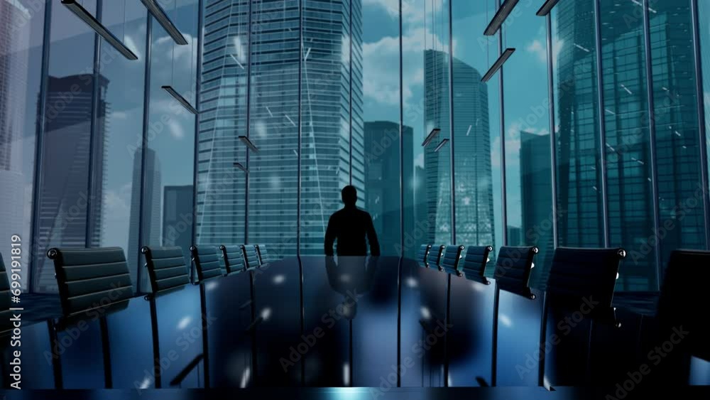 Internet des objets. Businessman Working in Office among Skyscrapers. Hologram Concept
