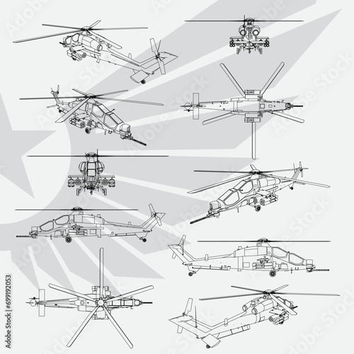 Military Attack Helicopter Line Artwork