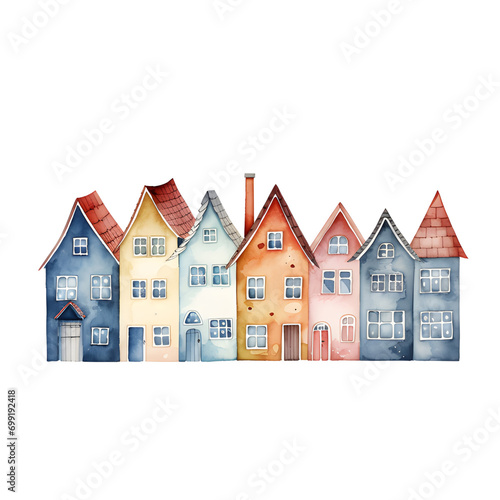 Watercolor cozy Nordic village.town panorama vector illustration.Small and big houses, buildings with garage, city apartments, skyscrapers, trees and bushes. Urban panorama, city street view. 