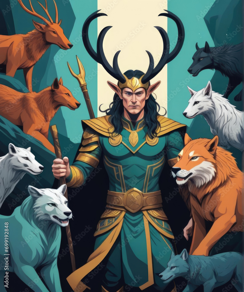 Loki's Shape-shifting Saga - Flat illustration of the Nordic god Loki in dynamic action scenes and animal transformations Gen AI - obrazy, fototapety, plakaty 