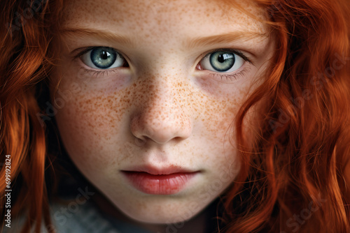 Close up of face of young girl child with red hair and freckles