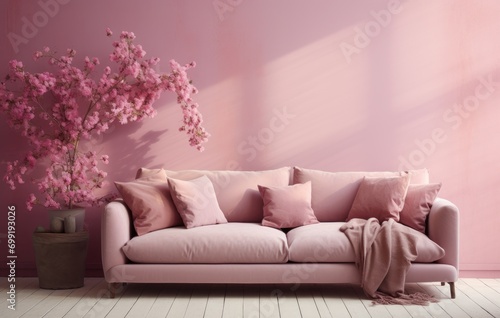 A Cozy Living Room with Pink Walls and a White Couch