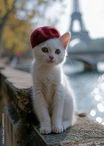 Hermoso gato de pelo blanco con boina francesa de lana roja, sentado sobre fondo desenfocado de la torre Eiffel y el rio sena  photo