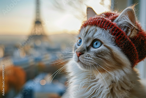 Hermoso gato de pelo blanco con boina francesa de lana roja, sobre fondo desenfocado de la torre Eiffel 
