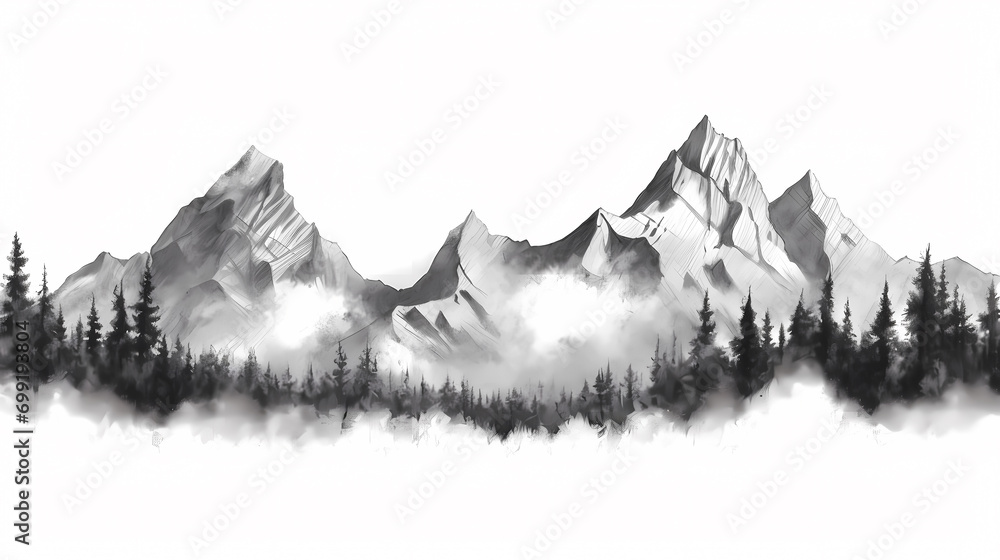 Black and white hand drawn pencil sketch of mountain scene with rocky peaks in graphic style on white background. Silhouette concept