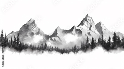 Black and white hand drawn pencil sketch of mountain scene with rocky peaks in graphic style on white background. Silhouette concept © ting