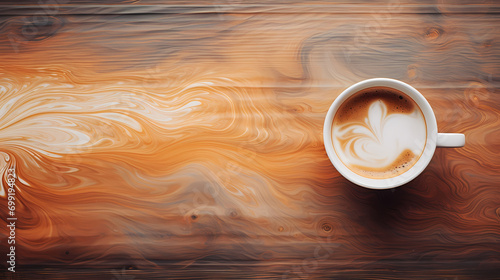 Fluid art, tea and coffee mix swirls, watercolor texture, ethereal tones, dreamy atmosphere, cool lights, on rustic wooden table