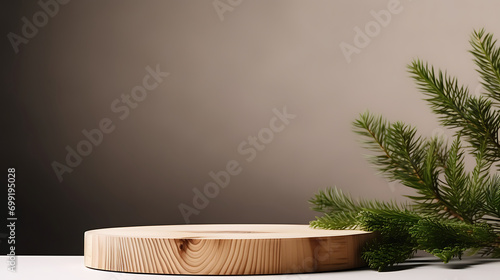 Wood slice podium and green spruce branches on white background. Concept scene stage showcase for new product, promotion sale, banner, presentation, cosmetic. Wooden stand studio empty. Generative Ai © mahaart