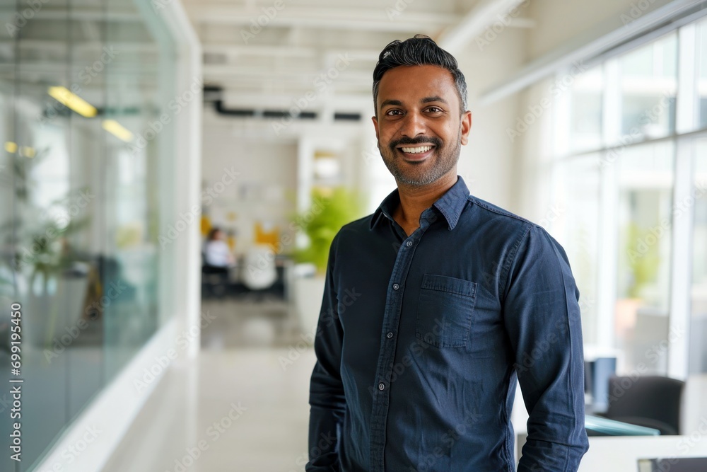 a happy and confident young Indian business man standing in the office, smiling professional manager and executive, exudes cheer while reflecting on financial success