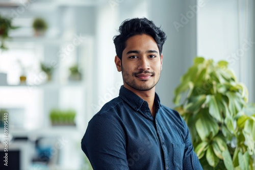 Obraz na płótnie happy smiling Indian business man leader looks away with confidence, standing in the office, smiling young professional businessman manager and executive from India w salonie