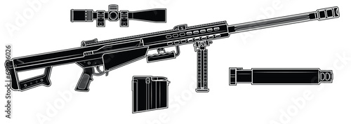 Vector illustration of the Barret M82 semi-automatic anti-materiel rifle and equipment such as a magazine, scope and silencer on the white background. Black. Right side.