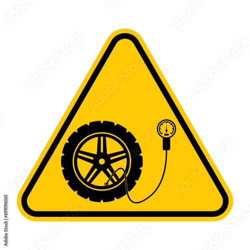 Tire pressure check warning sign. Vector illustration of yellow triangle sign with car wheel and tyre air pressure gauge. Tire pressure monitoring. Safety and right pressure concept.