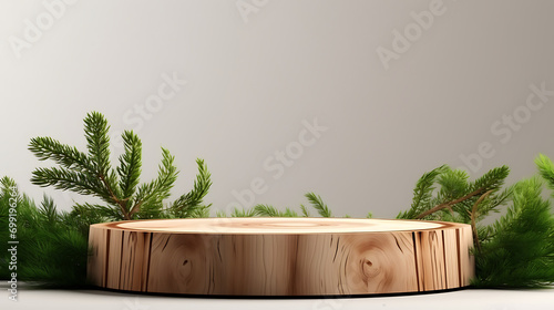 Wood slice podium and green spruce branches on white background. Concept scene stage showcase for new product, promotion sale, banner, presentation, cosmetic. Wooden stand studio empty. Generative Ai photo