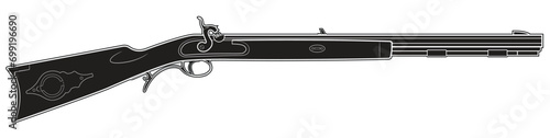 Vector illustration of Traditional Hawken percussion rifle. Black. Right side.