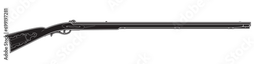 Illustration of Traditional American pill lock long rifle Kentucky. Black. Right side.