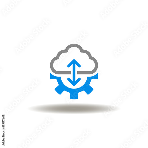 Vector illustration of cloud with gear and arrow up and down. Icon of data migration. Symbol of web hosting.