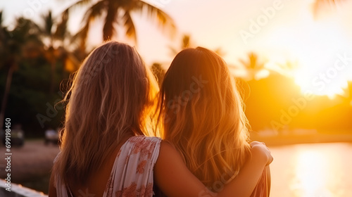young women are cheerful and happy walking on the seashore against the background of green palm trees and bright sun © l1gend