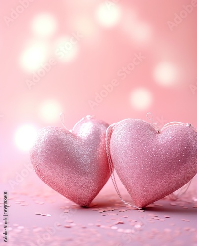 Two Soft Pink Hearts With Lace On pink Glitter Background With Sparkles, copy space - generative ai