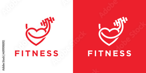 Fitness logo design with hands and barbell and love shape combined with line style in logo.