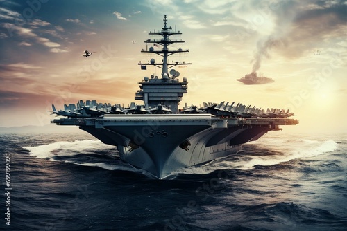 Panoramic view of a generic military aircraft carrier ship with fighter jets