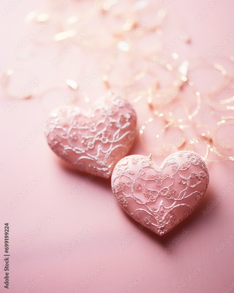 Two Soft Pink Hearts With Lace On pink Glitter Background With Sparkles, copy space - generative ai Two Soft Pink Hearts With Lace On pink Glitter Background With Sparkles, copy space - generative ai