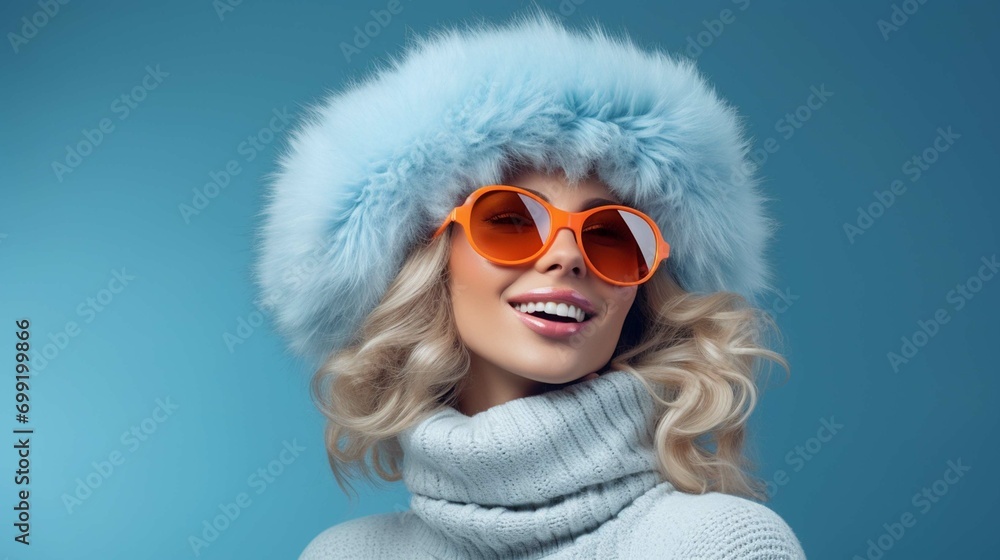 Portrait of young happy woman with a winter hat and sunglasess