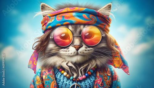 Hippie cat on a blue background photo