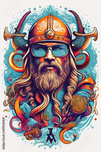 Ai Generates a Psychedelic graphic design with vikings. Use the RVCA clothing brand design style. ((White background)), vector style, for t-shirt printing.