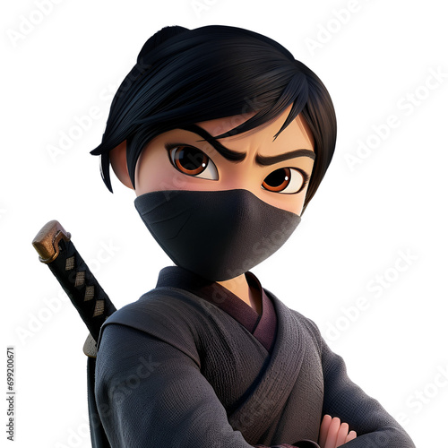 Close-up 3D render of an image featuring an animated ninja character illustration, Isolated on Transparent Background, PNG photo