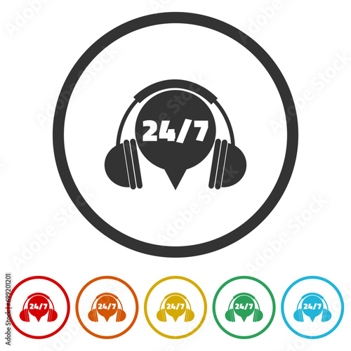 Support 24 for 7 user chat icon. Set icons in color circle buttons