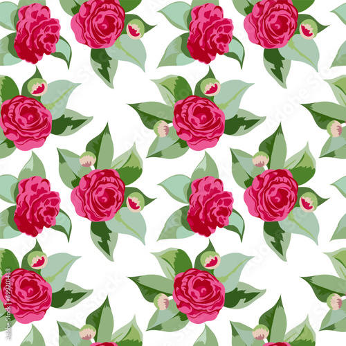 Camellia japonica. Vector seamless floral feminine pattern on a white background with large pink flowers